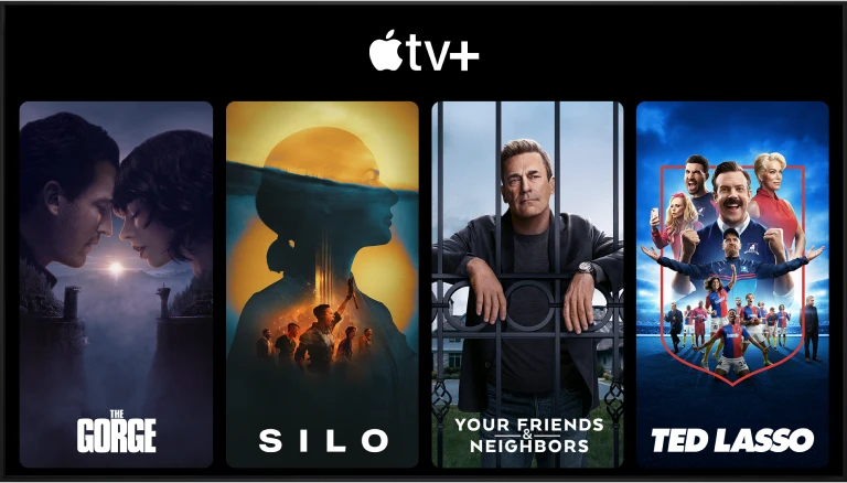 Serien und Filme Poster: The Gorge, Silo, Your Friends and Neighbors, Ted Lasso. Bei Apple TV Plus
